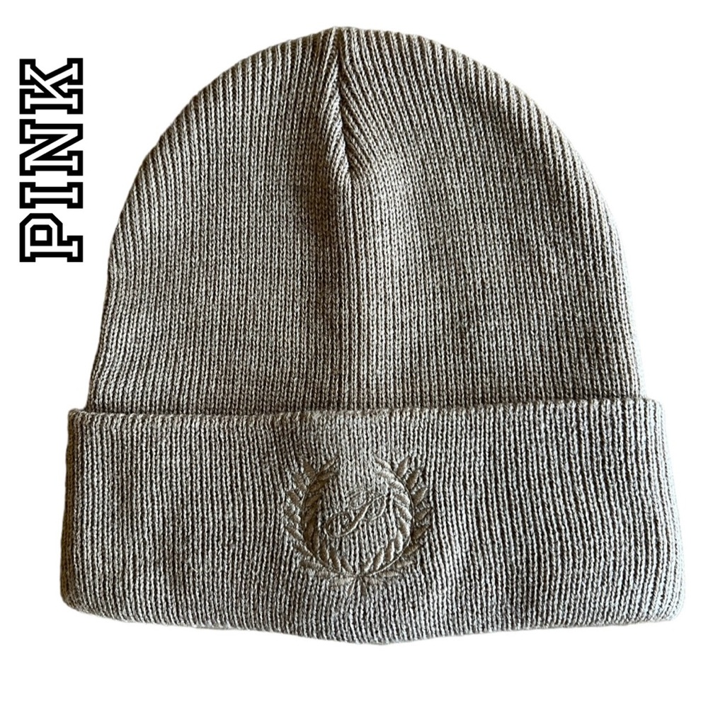 PINK by Victoria’s Secret Rib‎ Knit Monogrammed “P” Taupe Tan Brown Beanie